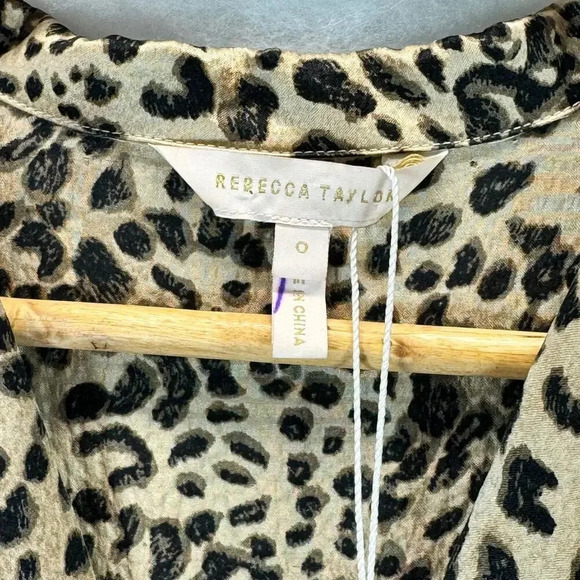 NWT Rebecca Taylor Lynx Tie Silk Leopard Print Satin Long Sleeve Dress Size 0 - Picture 7 of 8